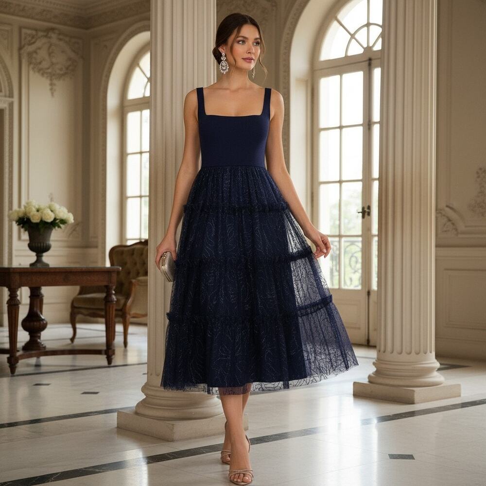 Adrianna Papell Navy Lace Tiered Dress Size 12 NWT Square‑Neck Midi - Picture 2 of 6